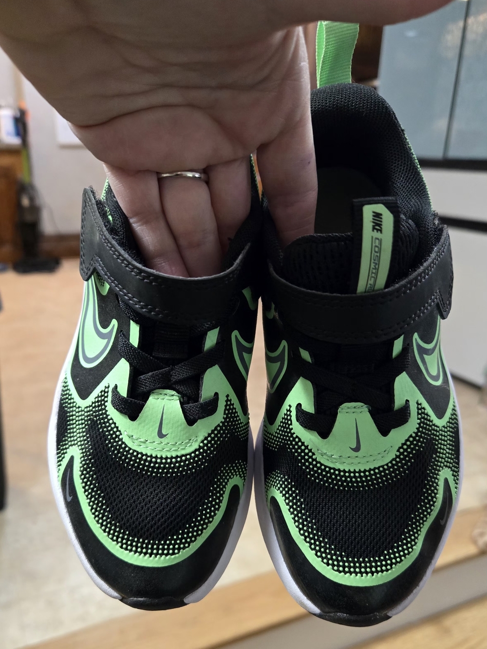 Nike Kids Black and Neon Green Velcro Athletic Sneakers